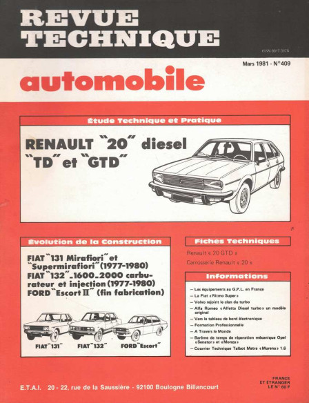 Revue Technique Automobile RENAULT 20 TD et GTD | RTAANC409 |