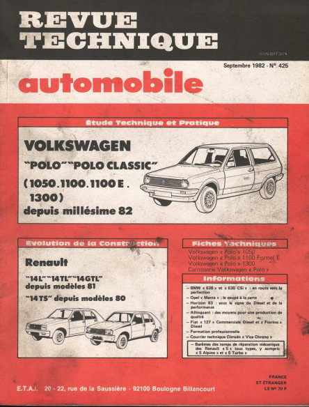 Revue Technique Automobile VOLKSWAGEN POLO et CLASSIC - 1050,1100,1100E et 1300 | RTAANC425 |