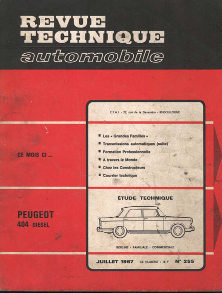 Revue Technique Automobile PEUGEOT 404 DIESEL - BERLINE - FAMILIALE et COMMERCILAE | RTAANC255 |