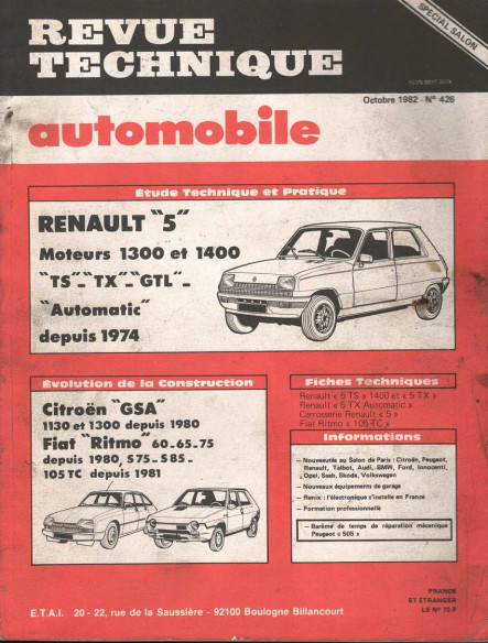 Revue Technique Automobile RENAULT 5 - TS-TX et GTL | RTAANC426 |