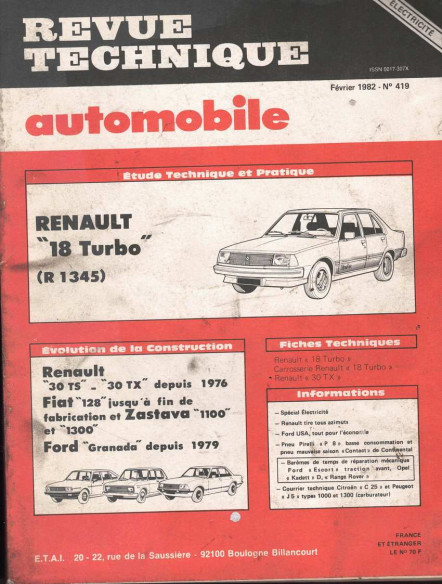 Revue Technique Automobile RENAULT 18 TURBO - R 1345 | RTAANC419 |