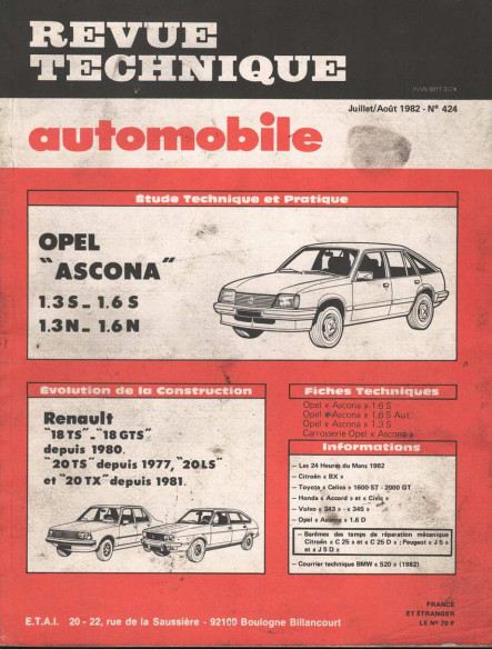 Revue Technique Automobile OPEL ASCANA 1.3S / 1.6S / 1.3N et 1.6N | RTAANC424 |