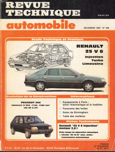 Revue Technique Automobile RENAULT 25 V6 - INJECTION, TURBO et LIMOUSINE | RTAANC498 |