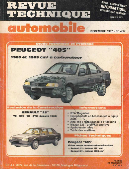 Revue Technique Automobile PEUGEOT 405 CARBURATEUR - 1.6L ET 1.9L | RTAANC486 |