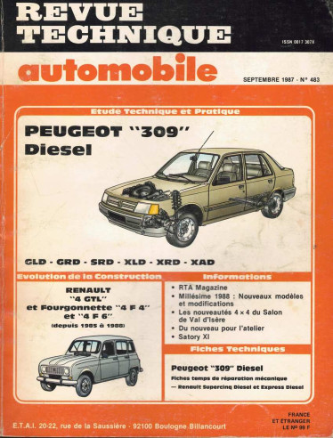 Revue Technique Automobile PEUGEOT 309 DIESEL - GL, GRS, SR, XL, XR et XA | RTAANC483 |