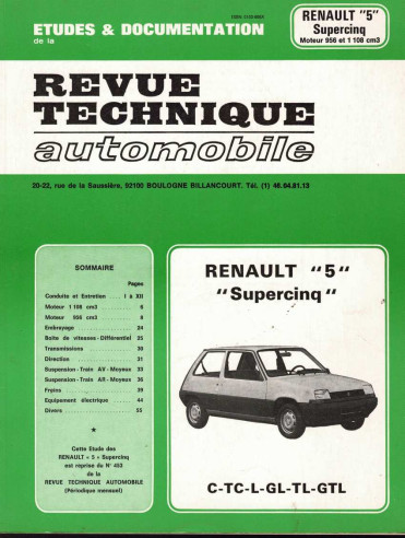 Etudes et Documentation de la RENAULT 5 et SUPERCINQ - CT , TC, GL, TL et GTL | CIP4531 |
