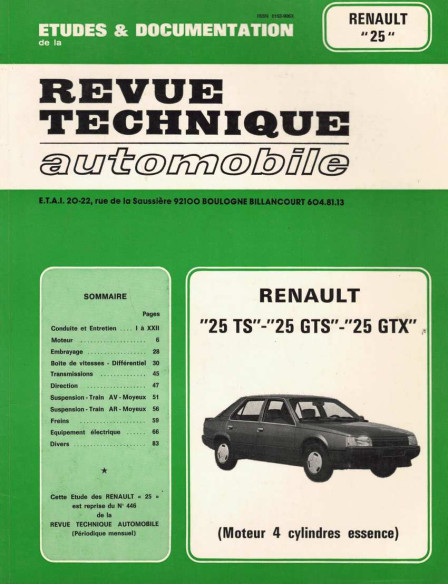 Etudes et Documentation RENAULT 25 - TS, GTS et GTX | CIP4461 |