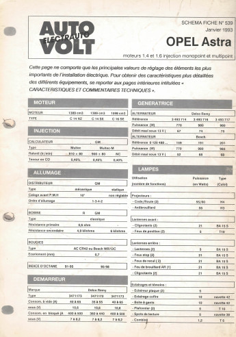 Schéma fiche électrique OPEL ASTRA 1.4i et 1.6i (Depuis 1998) | chéma Fiche N°768 |