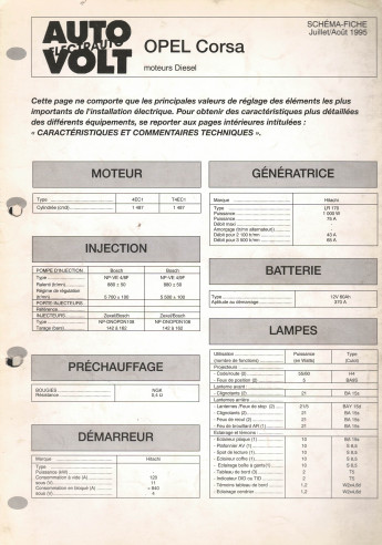 Schéma fiche électrique OPEL CORSA DIESEL et TURBO DIESEL | Schéma Fiche N°714 |