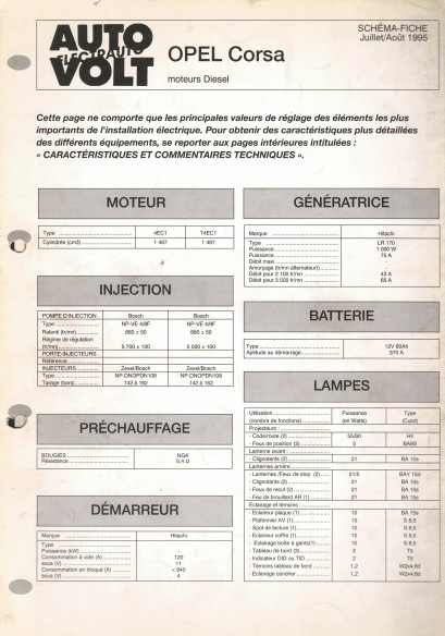 Schéma fiche électrique OPEL CORSA DIESEL et TURBO DIESEL | Schéma Fiche N°714 |
