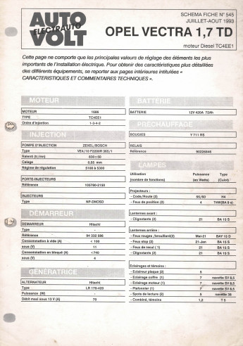 Schéma fiche électrique OPEL VECTRA 1.7 TD - 1686 cm (1993) | Schéma Fiche N°545 |