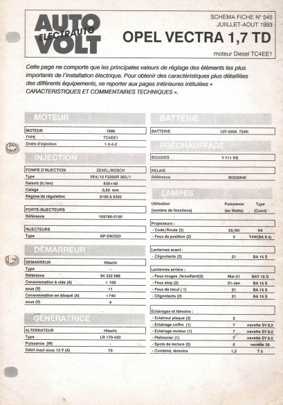 Schéma fiche électrique OPEL VECTRA 1.7 TD - 1686 cm (1993) | Schéma Fiche N°545 |