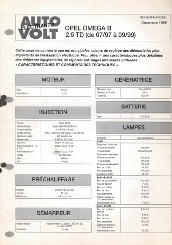 Schéma fiche électrique OPEL OMEGA B 2.5TD | Schéma Fiche N°762 |