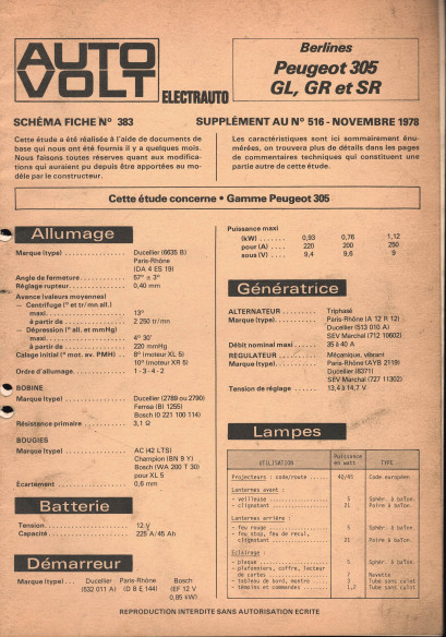 Schéma fiche électrique PEUGEOT 305 GL, GR et SR (1978) | Schéma Fiche N°383 |