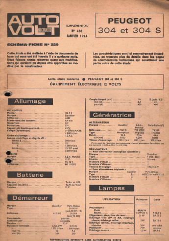 Schéma fiche électrique PEUGEOT 304 et 304s (1974) | Schéma Fiche N°329 |