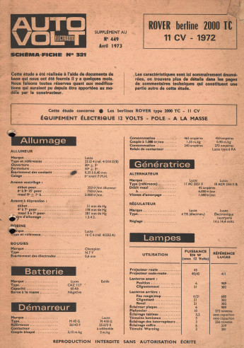 Schéma fiche électrique ROVER BERLINE 2000 TC - 11CV - 1972 | Schéma Fiche N°321 |