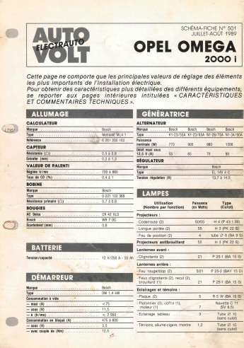 Schéma fiche électrique OPEL OMEGA 2000i (1989) | Schéma Fiche N°501 |