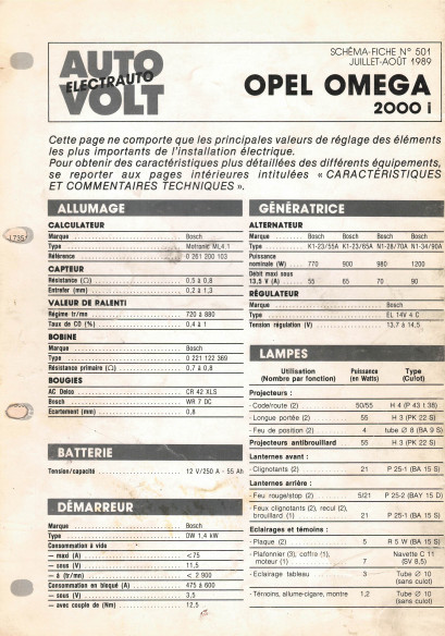 Schéma fiche électrique OPEL OMEGA 2000i (1989) | Schéma Fiche N°501 |