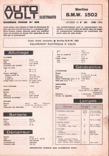 Schéma fiche électrique BMW 1502 (1976) | Schéma Fiche N°355 |
