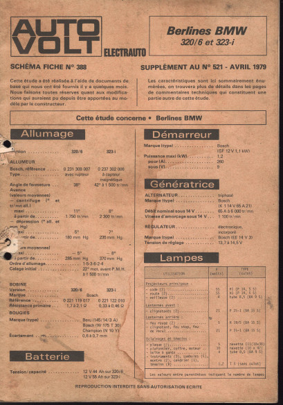 Schéma fiche électrique BMW 320/6 et 323I (1979) | Schéma Fiche N°388 |