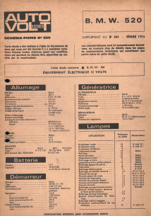 Schéma fiche électrique BMW 520 (1974) | Schéma Fiche N°330 |