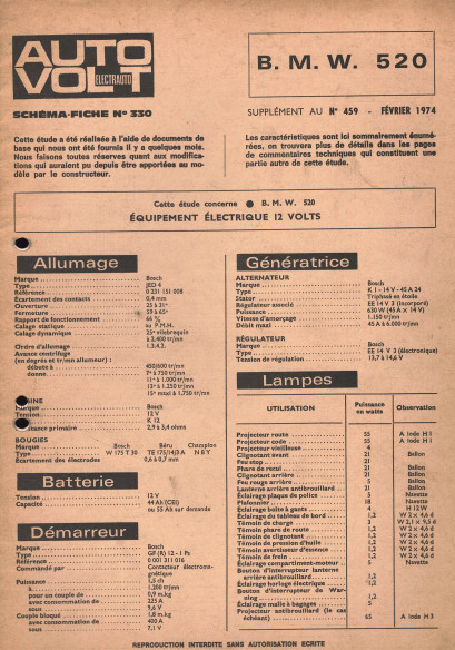 Schéma fiche électrique BMW 520 (1974) | Schéma Fiche N°330 |
