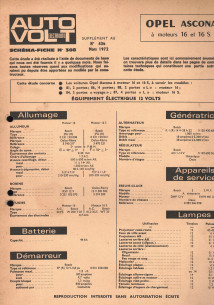 Schéma fiche électrique OPEL ASCONA 16 et 16S (1972) | Schéma Fiche N°308 |