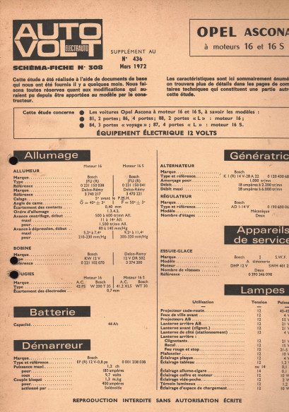Schéma fiche électrique OPEL ASCONA 16 et 16S (1972) | Schéma Fiche N°308 |