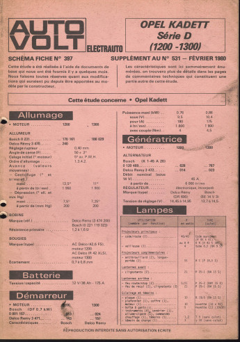 Schéma fiche électrique OPEL KADETT Série D 1200 et 1300 (1980) | Schéma Fiche N°531 |
