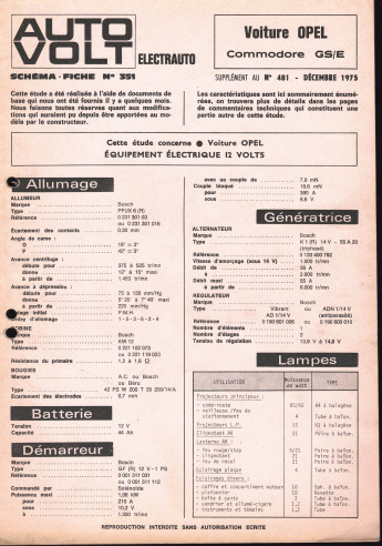 Schéma fiche électrique OPEL COMMODORE GS/E (1975) | Schéma Fiche N°481 |