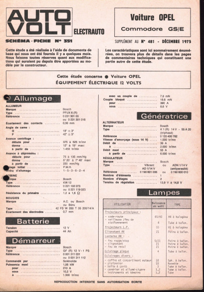 Schéma fiche électrique OPEL COMMODORE GS/E (1975) | Schéma Fiche N°481 |