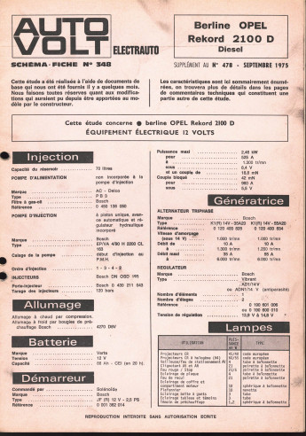 Schéma fiche électrique OPEL REKORD 2100D BERLINE (1975) | Schéma Fiche N°478 |