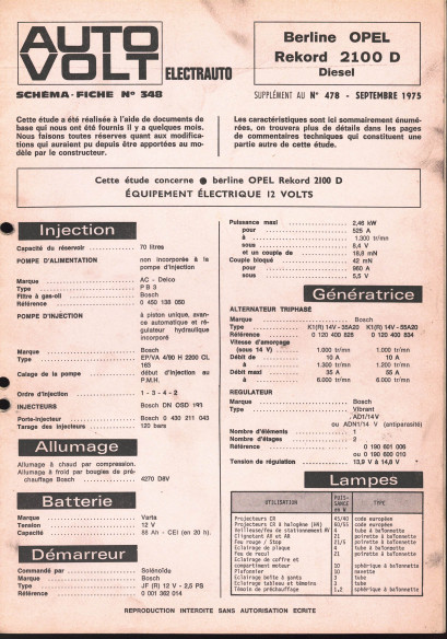 Schéma fiche électrique OPEL REKORD 2100D BERLINE (1975) | Schéma Fiche N°478 |