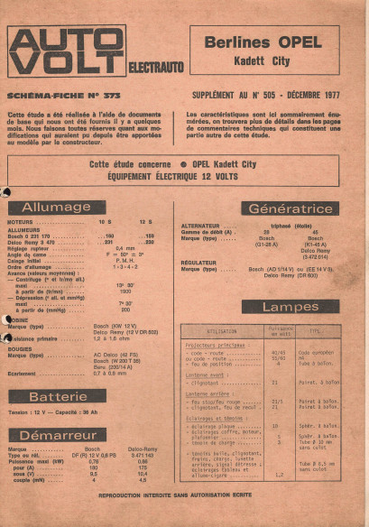 Schéma fiche électrique OPEL KADETT CITY BERLINES (1977)