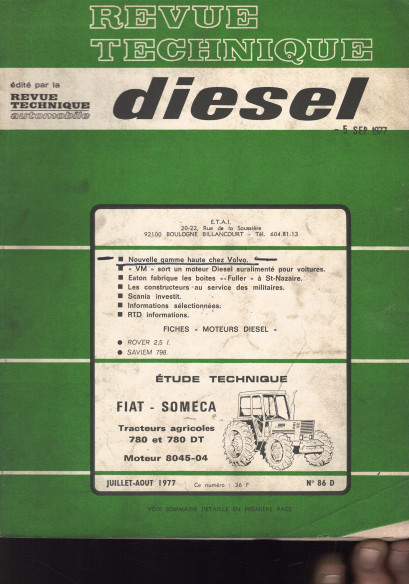Revue technique Diesel FIAT SOMECA ,TRACTEURS AGRICOLES 780 et 780 DT | RTDANC086 |