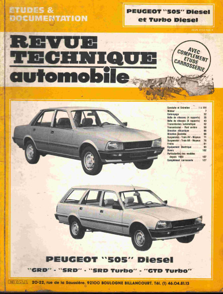 Etudes et Documentation PEUGEOT 505 DIESEL - GRD / SRD / TURBO SRD et GTD - 1989 | CIP4182 |
