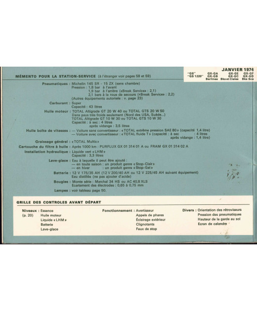 Notice d'emploi CITROËN GS - Berlines et breaks (1974) | Notice CITROËN GS |